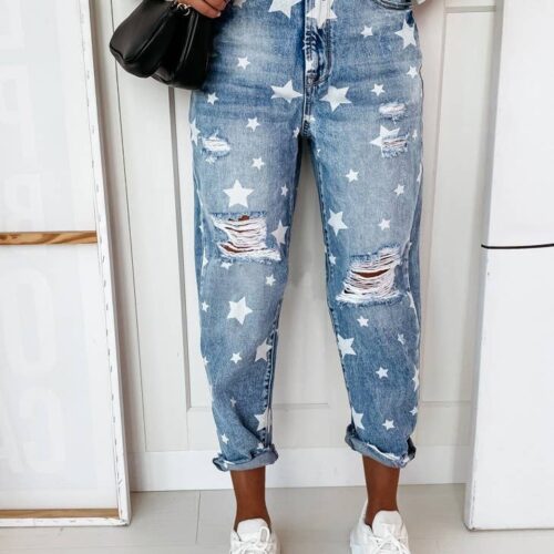 Printed washed ripped holes skinny jeans female