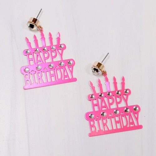 Happy Birthday Cutout Cake Earring HOT PINK