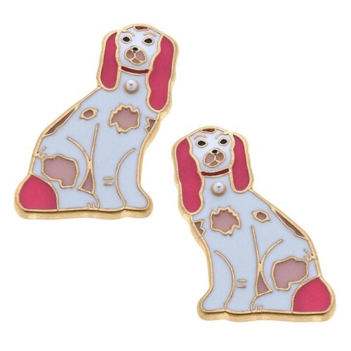 Daphne Enamel Staffordshire Dog Stud Earrings in Pink & White